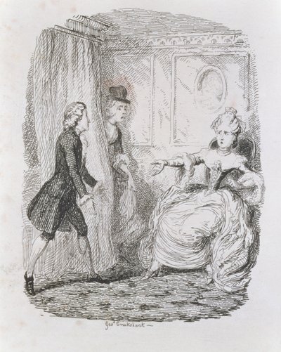 Lady Bellastonin hankala tilanne, "Tom Jones, Löytäjän historia", taiteilijan kaiverrus, kuvitus teoksesta "The Works of Henry Fielding", pub. kirjoittanut Henry G. Bohn, 1853 tekijältä George Cruikshank