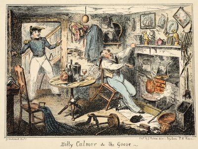 Billy Culmer & the Goose, Greenwich Hospital, sarja merivoimien luonnoksia, kuvaus sotamiehen elämästä, pubi. 1826 (käsinvärinen kaiverrus) tekijältä George Cruikshank