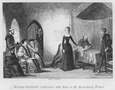 Piispa Gardinerin konferenssi Janen kanssa Beauchamp Towerissa (kaiverrus) tekijältä George Cruikshank