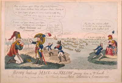 Boney hakkaa Mackia - ja Nelson antaa hänelle turpiin, 1805 (värillinen etsaus). tekijältä George Cruikshank
