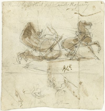Karikatyyri itsestä (etusivu); Hevosen heittämä taksikopteri ja muita luonnoksia (kääntöpuoli). tekijältä George Cruikshank