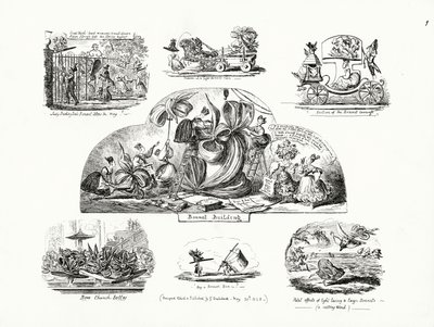 George Cruikshankin sarjakuvat, joiden aiheena on suurikokoiset naisten konepellit (kaiverrus) tekijältä George Cruikshank
