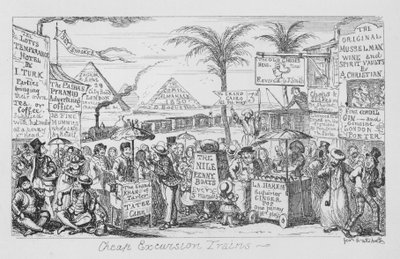 Halvat retkijunat eli kuviteltu massaturismin tulevaisuus (kaiverrus) tekijältä George Cruikshank