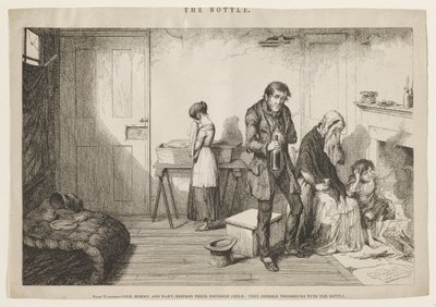 Kylmyys, kurjuus ja puute tuhoavat heidän nuorimman lapsensa: He lohduttautuvat pullolla. tekijältä George Cruikshank