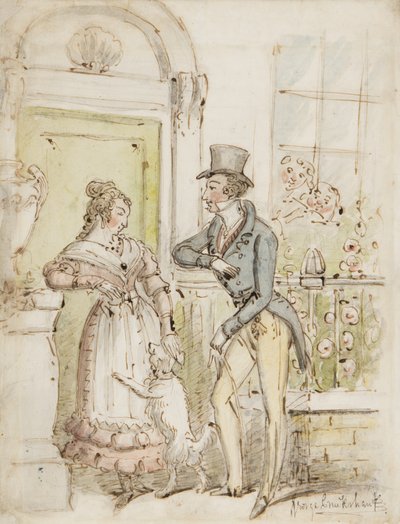 Kosiskelu, noin 1835 (kynä, sivellin, muste ja wc paperille). tekijältä George Cruikshank