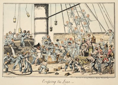 Crossing The Line, Greenwich Hospital, sarja merivoimien luonnoksia, kuvaus sotamiehen elämästä, pubi. 1825 (käsinvärinen kaiverrus) tekijältä George Cruikshank