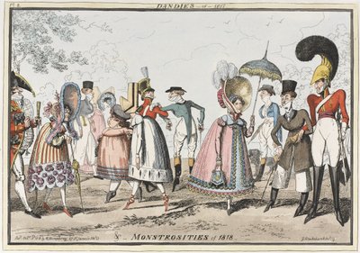 "Dandies of 1817 & Monstrosities of 1818", 1818 (värillinen etsaus) tekijältä George Cruikshank