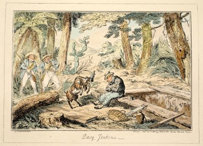 Davy Jenkins, Greenwichin sairaalasta, sarja merivoimien luonnoksia, jotka kuvaavat sotamiehen elämää, pub. 1826 (käsin väritetty kaiverrus). tekijältä George Cruikshank