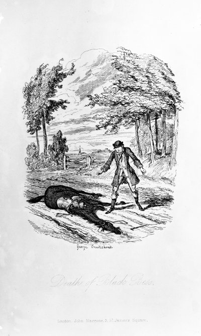 Death of Black Bess, kuvitus William Harrison Ainsworthin Rookwoodista, julkaistu 1836 tekijältä George Cruikshank