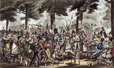 Dick Jenkins, Kapteeni, Lady Halibut ja Lydia nauttimassa oleskelutilasta Italian Boulevardilla, David Careyn teoksesta Life in Paris, julkaistu vuonna 1822 tekijältä George Cruikshank