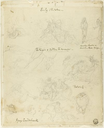 Varhaiset luonnokset Falstaffia ja juhannusyön unelmaa varten. tekijältä George Cruikshank