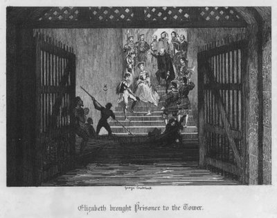 Elisabet toi vangin Toweriin (kaiverrus) tekijältä George Cruikshank