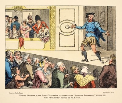 Elliston (Surrey Theatren johtaja) "Sylvester Daggerwoodin" hahmossa laulamassa kappaletta "Bonaparte", jonka on kirjoittanut Mr Lawler, pub. 1811 (käsinvärinen kaiverrus) tekijältä George Cruikshank