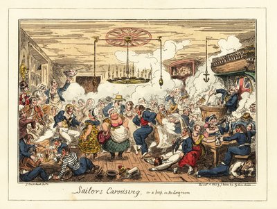 Englantilaiset merimiehet juomassa ja tanssimassa pubissa, Napoleonin aika, 1829 (litografia) tekijältä George Cruikshank