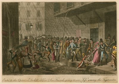 sisäänpääsy oopperaan; tai Dick Wildfire ja hänen ystävänsä menossa katsomaan Life among the Figurantes tekijältä George Cruikshank