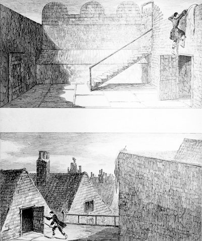 Escape nro 3, W. H. Ainsworthin kirjasta "Jack Sheppard", julkaistu 1839 tekijältä George Cruikshank