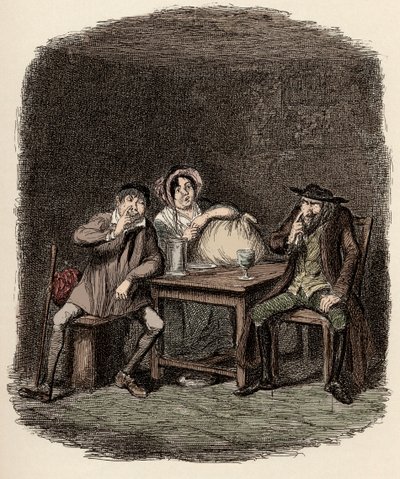 Fagin asioi Morris Bolterin eli Noe Claypolen ja Charlotten kanssa - Juutalainen ja Morris Bolter alkavat ymmärtää toisiaan - Kuvitus Charles Dickensin (1812-1870) teokseen "Oliver Twist" (Olivier) (The Adventures of Oliver Twist), jonka on suomentanut Geo tekijältä George Cruikshank