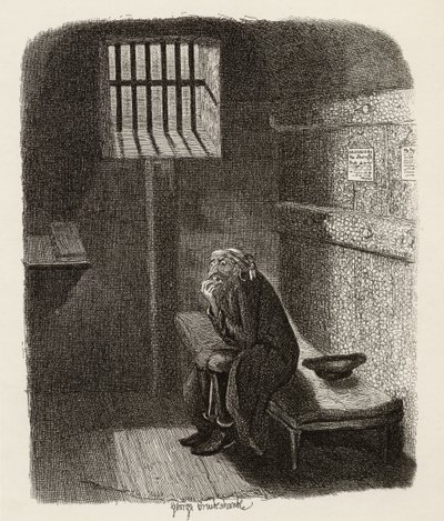 Fagin tuomitussa sellissä, Charles Dickensin (1812-70) "Oliver Twistin seikkailuista" 1838, Chapman und Hall, 1901 (kaiverrus) tekijältä George Cruikshank