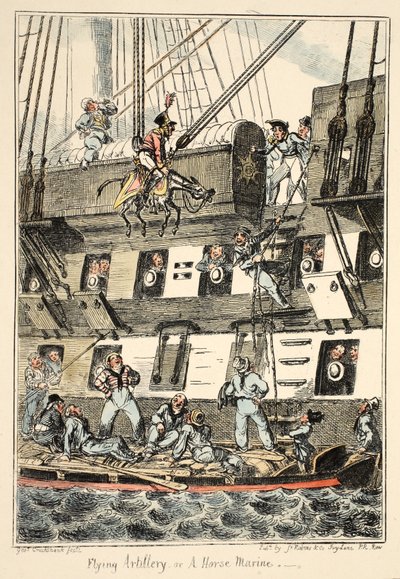 Lentävä tykistö eli Hevosmarsalkka, Greenwichin sairaalasta, sarja merivoimien luonnoksia, kuvaileva sotamiehen elämästä, pub. 1826 (käsin väritetty kaiverrus). tekijältä George Cruikshank