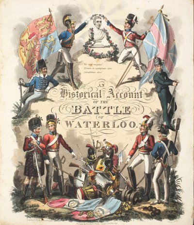 Frontispiece, "Historiallinen kertomus Waterloon taistelusta", William Mudford, kaiverrus Rouse, pub. H. Colburn, 1816 tekijältä George Cruikshank