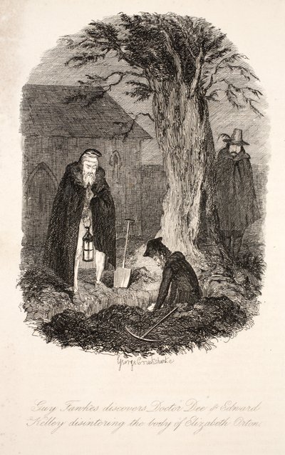 Guy Fawkes löysi tohtori Deen ja Edward Kelleyn erottelemassa Elizabeth Ortonin ruumista, kuvitus Guy Fawkesista tai Gunpowder Treason: an Historical Romance, kirjoittanut William Harrison Ainsworth, pu tekijältä George Cruikshank