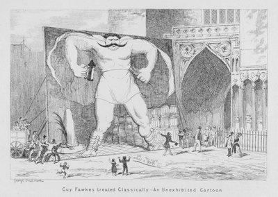 Klassisesti käsitelty Guy Fawkes, näytteillepaneva sarjakuva (kaiverrus) tekijältä George Cruikshank