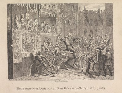 Henry näkee Norrisin nostavan Anne Boleynin nenäliinan turnauksissa tekijältä George Cruikshank