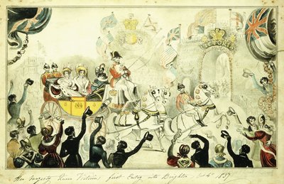 Hänen Majesteettinsa kuningatar Victorian ensimmäinen saapuminen Brightoniin 4. lokakuuta 1837 1837 tekijältä George Cruikshank