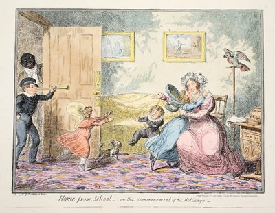 Kotona koulusta tai juhlapubin alkamisesta. 1835 (käsinvärinen kaiverrus) tekijältä George Cruikshank