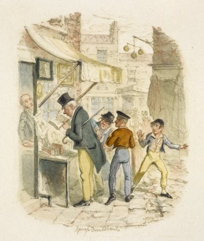 Kuvitus elokuvaan "Oliver Twist" tekijältä George Cruikshank