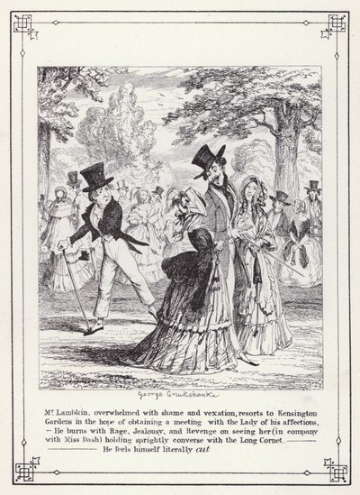 Kuvitus kandidaatin omaan kirjaan tai Mr Lambkinin (Gent) edistymiseen (kaiverrus) tekijältä George Cruikshank