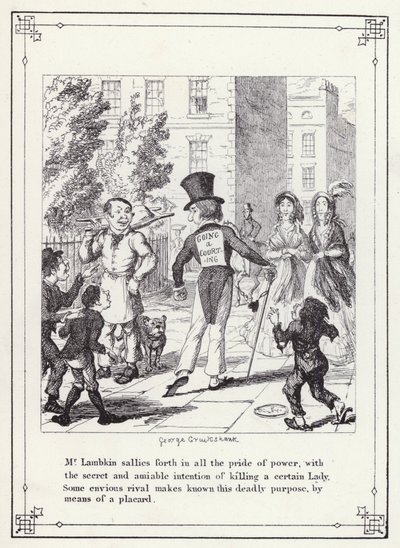 Kuvitus kandidaatin omaan kirjaan tai Mr Lambkinin (Gent) edistymiseen (kaiverrus) tekijältä George Cruikshank
