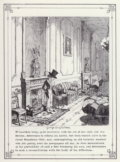 Kuvitus teokselle The Bachelors Own Book tai The Progress of Mr Lambkin (Gent) (kaiverrus) tekijältä George Cruikshank