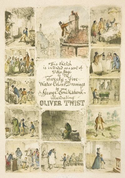 Kuvitus otsikkosivulle "Oliver Twist" tekijältä George Cruikshank