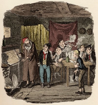 Lontoossa Jack Dawkins nimeltä Fox esittelee Oliverin Faginille ja hänen malfratiryhmälleen - Oliver esitteli kunnioitetun vanhan herrasmiehen - Kuvitus "Oliver Twist" (Olivier) (Oliver Twistin seikkailut), Charles Dickens (1812-1870) , kirjoittanut Ge tekijältä George Cruikshank