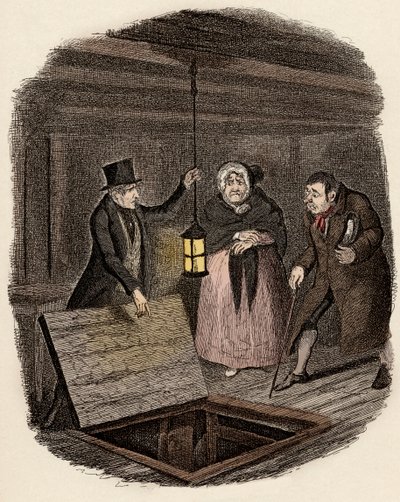 Monsieur Bumblen ja Madame Corneyn läsnäollessa Monks katoaa Oliver Twistin medaljongin - Todisteet tuhottu - Kuvitus "Oliver Twist" (Oliver) (Oliver Twistin seikkailut), kirjoittanut Charles Dickens (1812-1870), kirjoittanut George Cruikshank ( tekijältä George Cruikshank