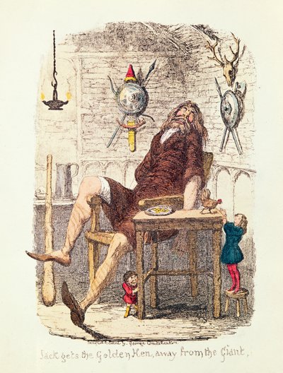 Jack saa kultaisen kanan pois jättiläisestä (väri litho) tekijältä George Cruikshank
