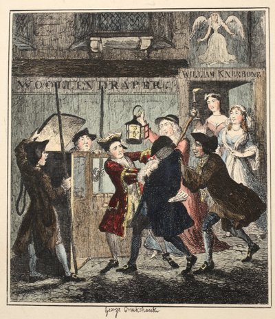 Jack Sheppard Tricking Shotbolt, kuvitus artikkelista Jack Sheppard: A Romance, William Harrison Ainsworth, julkaistu 1839 (käsinvärinen etsaus) tekijältä George Cruikshank
