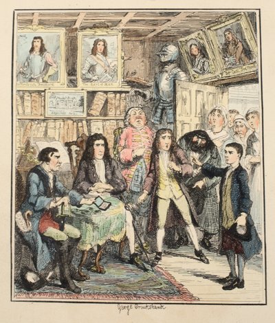 Jack Sheppard syyttää Thames Darrellia varkaudesta, kuvitus elokuvasta Jack Sheppard: A Romance, William Harrison Ainsworth, julkaistu 1839 (käsinvärinen etsaus) tekijältä George Cruikshank