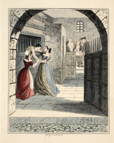 Jack Sheppard pakenemassa Newgaten tuomitusta otosta, kuvitus Jack Sheppard: A Romance, William Harrison Ainsworth, pubi. 1839 (käsinvärinen kaiverrus) tekijältä George Cruikshank