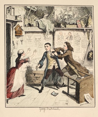 Jack Sheppard esittelee kostonhimoista hahmoa, kuvitus: William Harrison Ainsworthin Jack Sheppard: Romance, julkaistu 1839 (käsinvärinen etsaus) tekijältä George Cruikshank