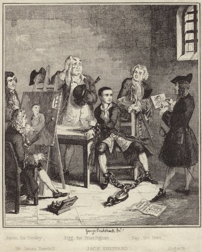 Jack Sheppard maalasi muotokuvansa vankilassa Sir James Thornhillin toimesta tekijältä George Cruikshank