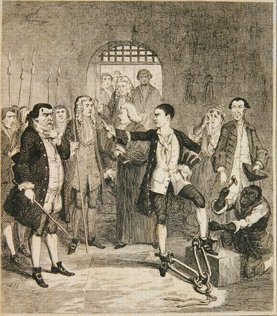 Jack Sheppardin raudat koputettiin Newgaten Stone Hallissa, kuvitus William Harrison Ainsworthin teoksesta "Jack Sheppard: A Romance", julkaistu 1839 (etsaus) tekijältä George Cruikshank