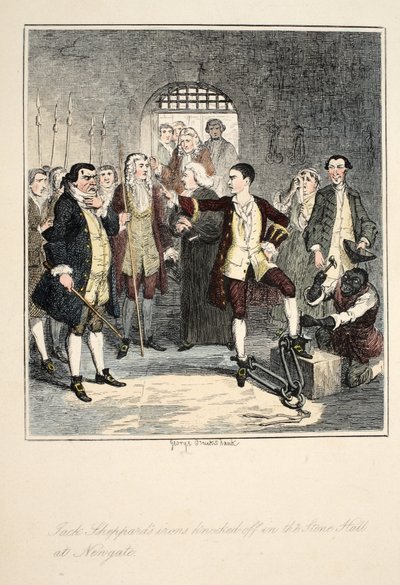 Jack Sheppardin raudat lyöty irti Newgaten kivisalissa, kuvitus Jack Sheppardilta: A Romance, William Harrison Ainsworth, julkaistu 1839 (käsin väritetty etsaus). tekijältä George Cruikshank