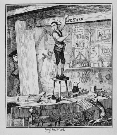 Jack kaivertaa nimensä palkkiin entisen työnantajansa liikkeessä, kuvitus William Harrison Ainsworthin julkaisusta "Jack Sheppard: A Romance", julkaistu 1839. tekijältä George Cruikshank