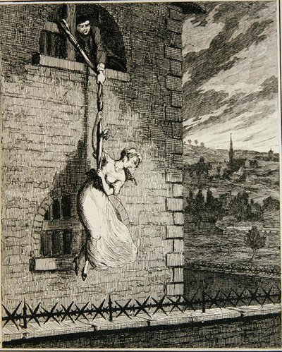 Jack pakenemassa Newgate Wardista vaimonsa Elizabeth Lyonin kanssa, kuvitus William Harrison Ainsworthin julkaisusta "Jack Sheppard: A Romance", julkaistu 1839 (etsaus) tekijältä George Cruikshank