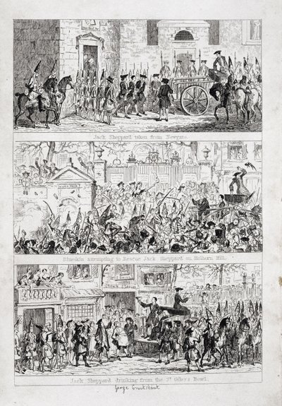 Jackin matka Newgatesta Tyburniin, kuvitus William Harrison Ainsworthin teoksesta "Jack Sheppard: A Romance", julkaistu 1839 tekijältä George Cruikshank