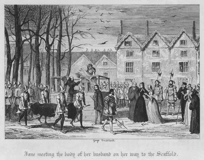 Jane kohtaa miehensä ruumiin matkalla telineelle (kaiverrus). tekijältä George Cruikshank