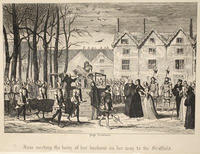 Jane tapasi aviomiehensä ruumiin matkalla rakennustelineille The Tower of London -pubista. 1840 tekijältä George Cruikshank
