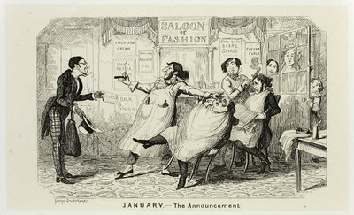 Tammikuu - Ilmoitus George Cruikshankin teräsetsauksista The Comic Almanacks -lehden sarjakuvakirjoihin: 1835-1853 tekijältä George Cruikshank